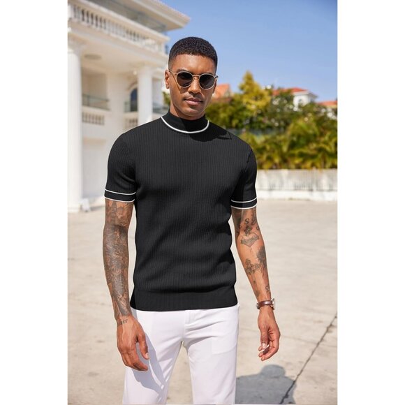 Men Black Ribbed Knit Polo Shirt Short Sleeve Slim Fit Casual Pullover Top - Picture 3 of 5